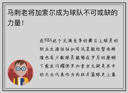 马刺老将加索尔成为球队不可或缺的力量！