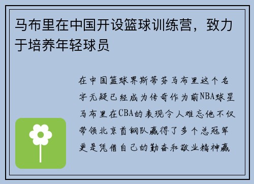 马布里在中国开设篮球训练营，致力于培养年轻球员