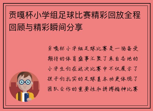 贡嘎杯小学组足球比赛精彩回放全程回顾与精彩瞬间分享